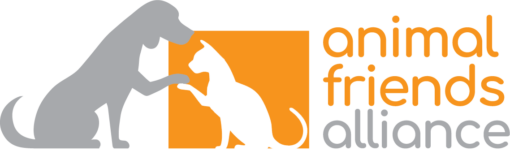 Logo for Animal Friends Alliance with a gray dog and white cat touching paws inside an orange square, plus the orange/gray text 'animal friends alliance'