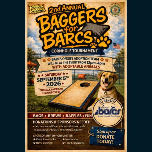 Poster for the 2nd Annual Baggers for BARCS cornhole tournament featuring a dog and a cornhole board; includes date and sponsor details.