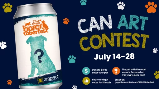 Poster for BARCS Oktoberfest fundraiser featuring a beer can with BARCS dog logo and teal dog silhouette; colorful paw prints and event dates.