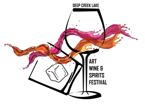 Logo for Deep Creek Lake Art, Wine & Spirits Festival featuring a stylized wine glass and a colorful liquid splash.