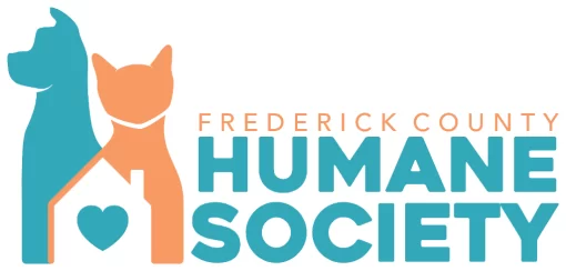 Logo for Frederick County Humane Society showing teal dog and orange cat silhouettes beside a house with a heart, and the org name in teal/orange text.