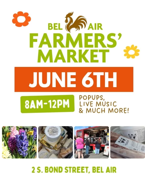 Poster for Bel Air Farmers' Market with bold green text, date June 6th and orange banner, 8AM–12PM details and flowers motif.