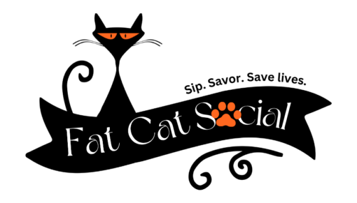 Fat Cat Social logo: a black stylized cat with orange eyes and a curved banner reading 'Fat Cat Social' with a paw print motif and slogan above: 'Sip. Savor. Save lives.'