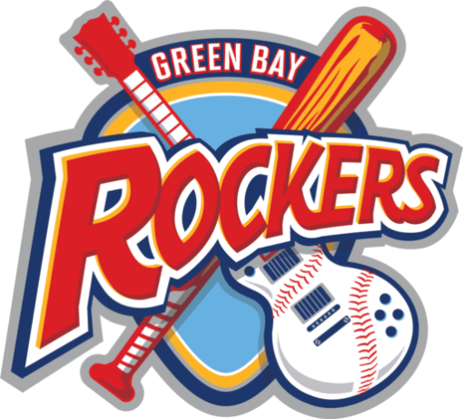 Green Bay Rockers team logo with a red guitar, a bat, and a baseball surrounding the bold 'Rockers' wordmark.