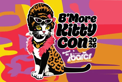 Colorful event poster featuring a stylish cat with sunglasses, a leopard print coat and pink scarf; bold text reads "B'More Kitty Con 2026" with logos for Baltimore BARC Animal Rescue & Care Shelter.