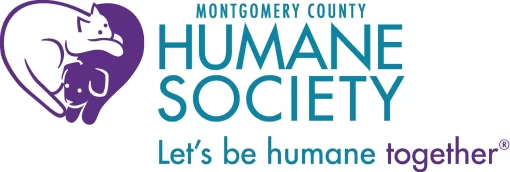 Montgomery County Humane Society logo featuring a white cat and dog inside a purple heart, with teal 'HUMANE SOCIETY' text and the slogan 'Let's be humane together'
