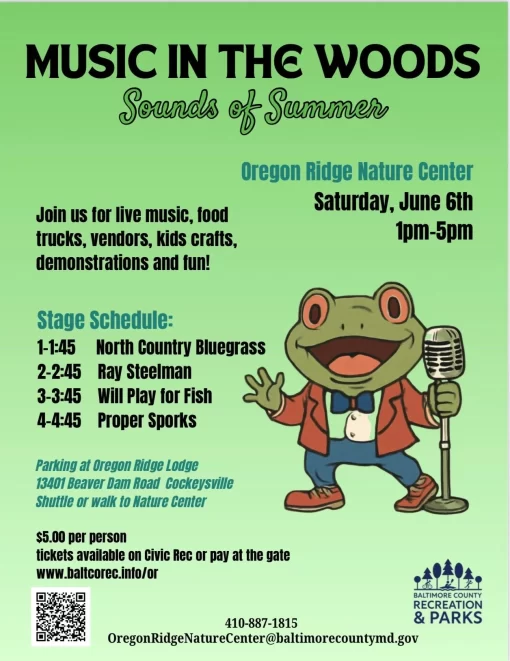 Green event poster advertising 'Music in the Woods: Sounds of Summer' at Oregon Ridge Nature Center, featuring a cartoon frog in a suit holding a microphone.