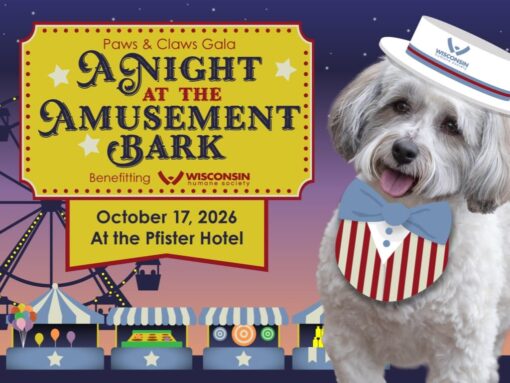 Poster for Paws & Claws Gala: A Night at the Amusement Bark, benefiting Wisconsin Humane Society; date Oct 17, 2026 at Pfister Hotel; dog in striped vest on right.