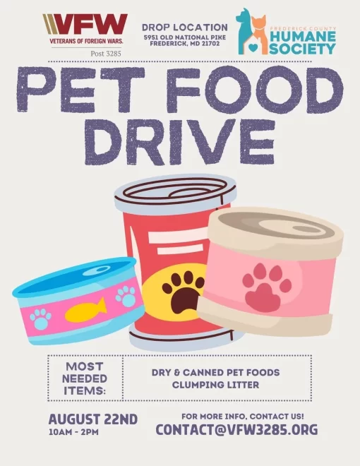 Pet food drive flyer: dry and canned pet foods and clumping litter are most needed; August 22nd, 10am–2pm; contact info included.