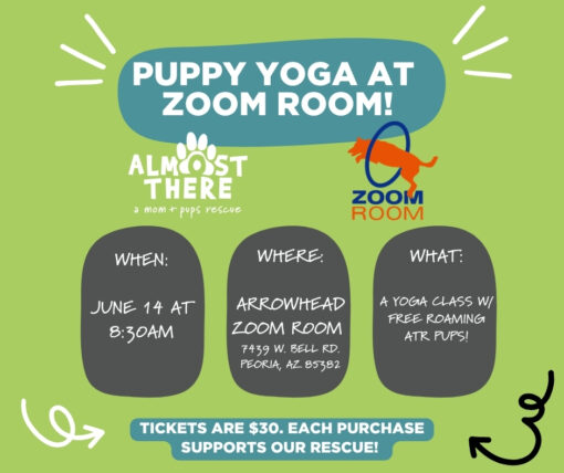 Promotional flyer for Puppy Yoga at Zoom Room with date, location (Arrowhead Zoom Room, Peoria), and ticket info ($30) for a pup-friendly yoga class.
