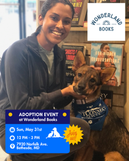 Smiling person with a dog at an adoption event for Wonderland Books; poster reads Sun, May 31st, 12 PM–3 PM, 7920 Norfolk Ave, Bethesda, MD.